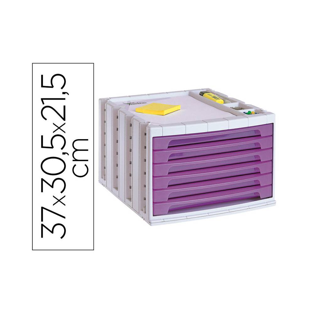 Fichero cajones de sobremesa q-connect 305x370x215 mm bandeja organizadora superior 6 cajones violeta translucido