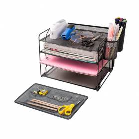 Organizador sobremesa bandeja metalica q-connect rejilla negra con 4 departamentos 320x35x155 mm