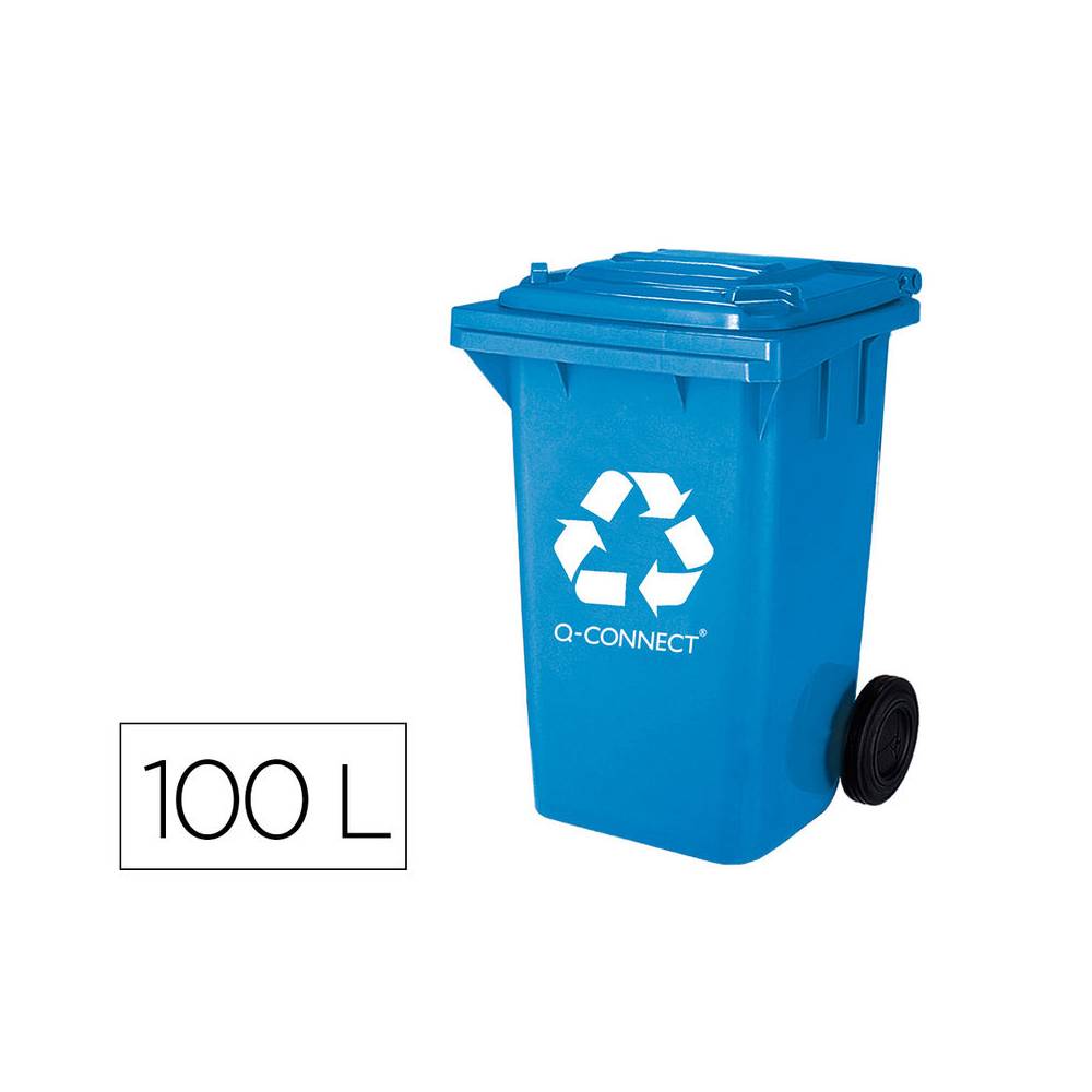 Papelera contenedor q-connect plastico azul para papel y carton 100l con tapa y ruedas 750x470x370 mm