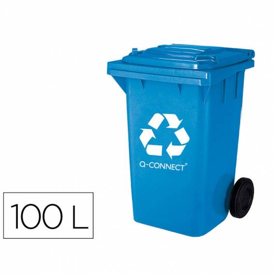 Papelera contenedor q-connect plastico azul para papel y carton 100l con tapa y ruedas 750x470x370 mm