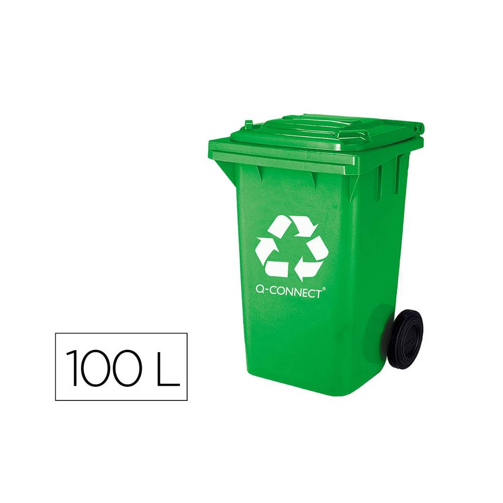 Papelera contenedor q-connect plastico verde para envases de vidrio 100l con tapa y ruedas 750x470x370 mm