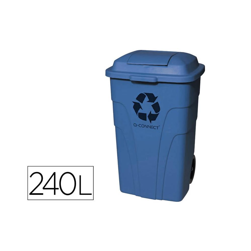 Papelera contenedor q-connect plastico con tapadera 240l color azul 1040x620x610 mm con ruedas