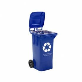 Papelera contenedor q-connect plastico con tapadera 100l color azul 800x510x525 mm con ruedas