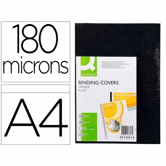 Tapa de encuadernacion q-connect pvc din a4 opaca negra 180 micras caja de 100 unidades