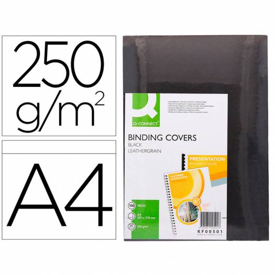 Tapa de encuadernacion q-connect carton din a4 negro simil piel 250 gr caja de 100 unidades