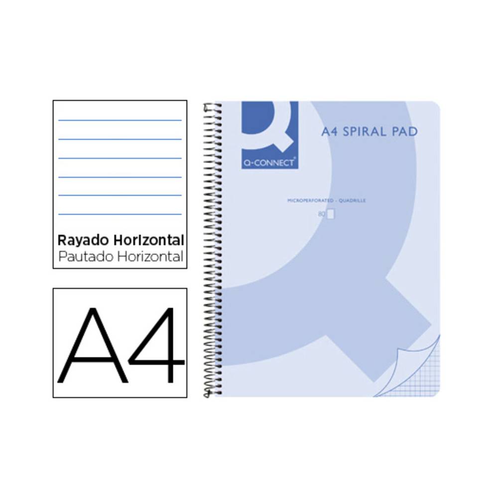 Cuaderno espiral q connect a4 micro tapa plastico 80h 70g horizontal sin bandas 4 taladros azul