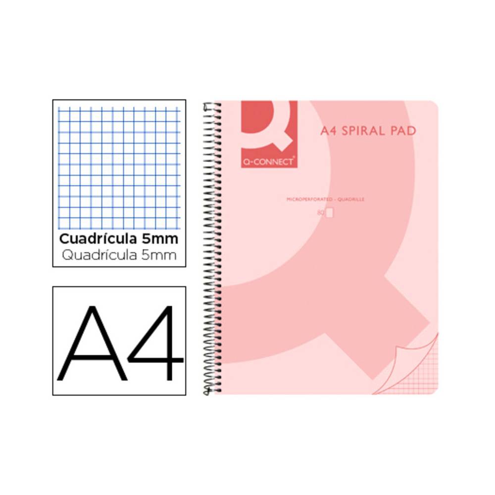 Cuaderno espiral q connect a4 micro tapa plastico 80h 70g cuadro 5mm sin bandas 4 taladros rosa