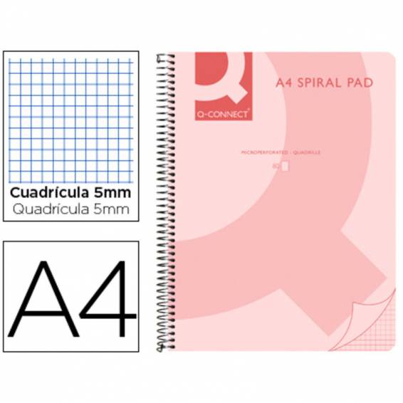 Cuaderno espiral q connect a4 micro tapa plastico 80h 70g cuadro 5mm sin bandas 4 taladros rosa