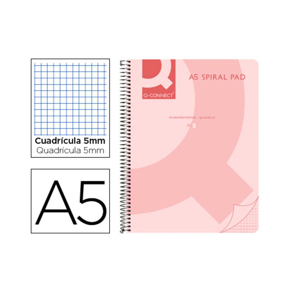 Cuaderno espiral q connect a5 micro tapa plastico 80h 70g cuadro 5mm sin bandas 6 taladros rosa