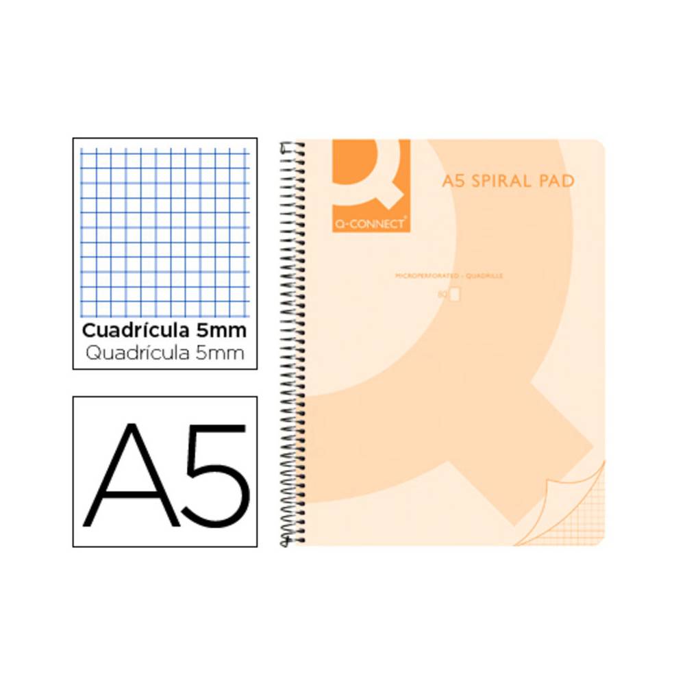 Cuaderno espiral q connect a5 micro tapa plastico 80h 70g cuadro 5mm sin bandas 6 taladros naranja