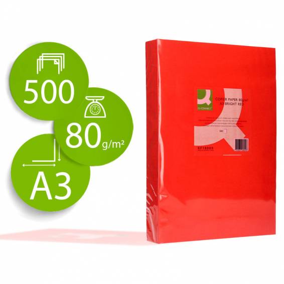 Papel color q-connect din a3 80gr rojo intenso paquete de 500 hojas