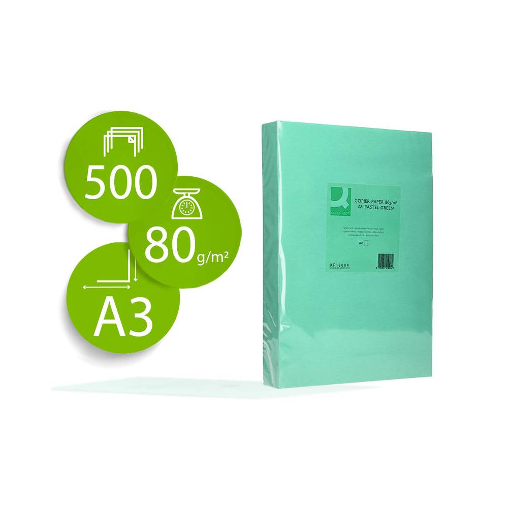 Papel color q-connect din a3 80gr verde paquete de 500 hojas