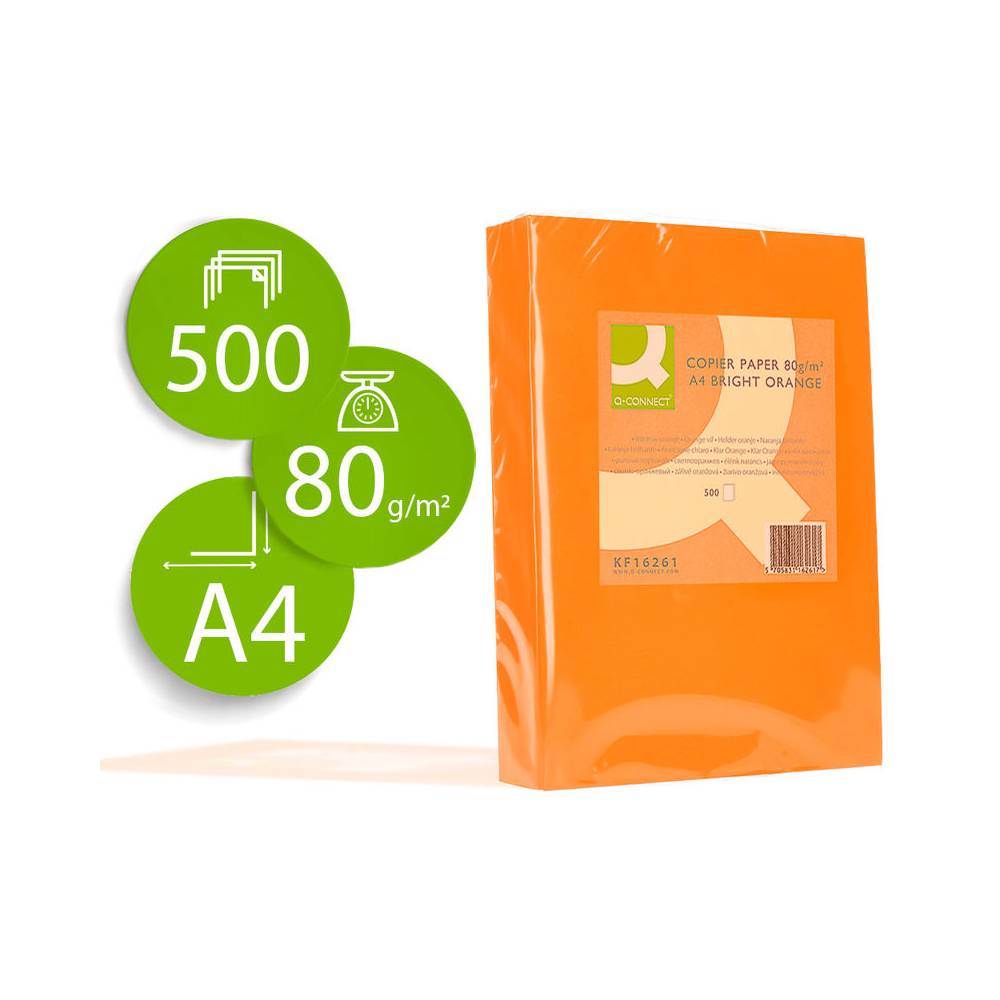 Papel color q-connect din a4 80gr naranja intenso paquete de 500 hojas