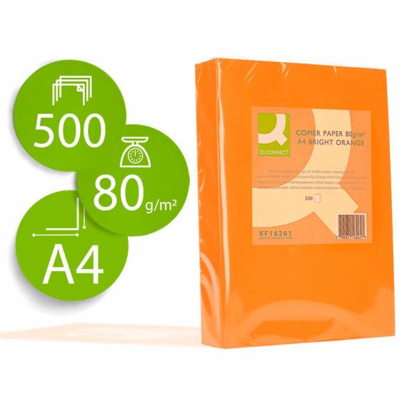 Papel color q-connect din a4 80gr naranja intenso paquete de 500 hojas