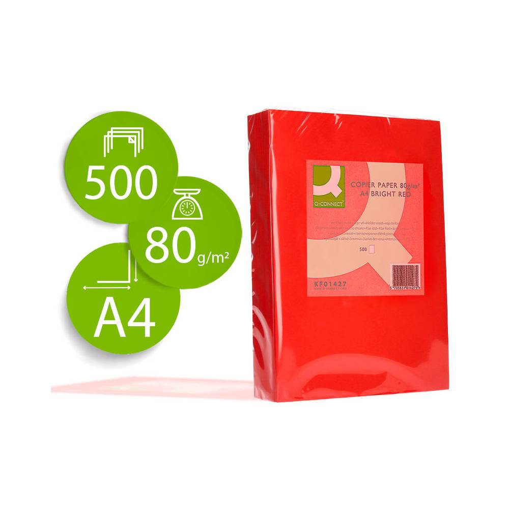 Papel color q-connect din a4 80gr rojo intenso paquete de 500 hojas