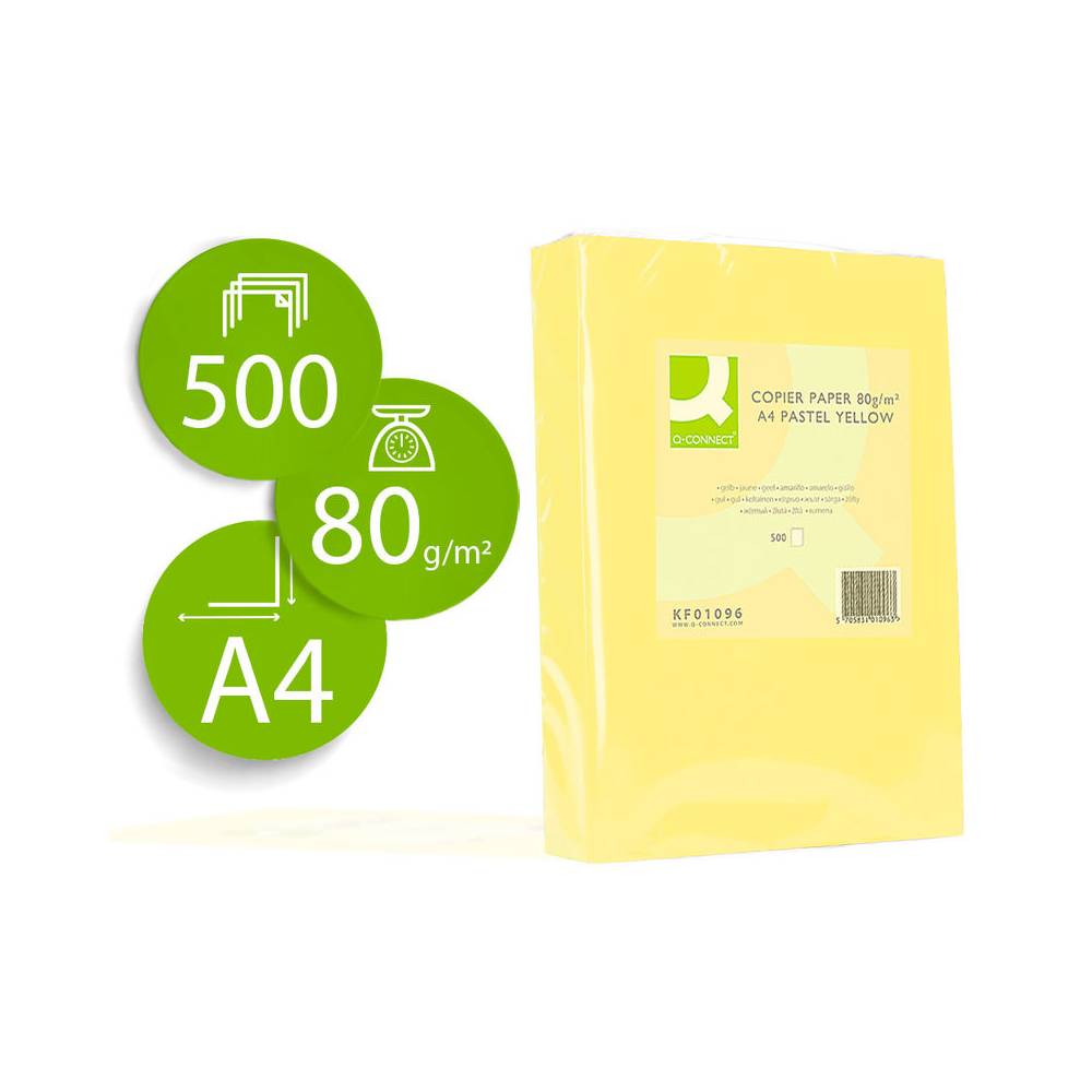 Papel color q-connect din a4 80gr amarillo paquete de 500 hojas