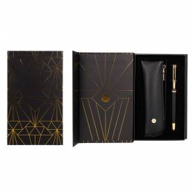 Pluma y estuche belius soiree color art deco negro y dorado tinta azul caja de diseño