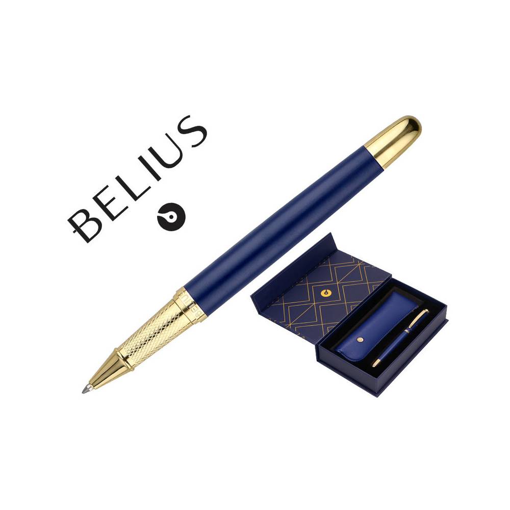 Boligrafo y estuche belius soiree color azul marino y dorado tinta azul caja de diseño