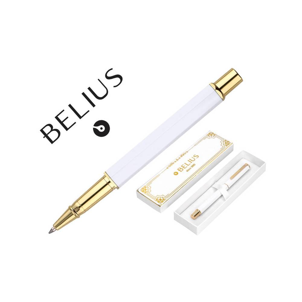 Boligrafo belius macaron bliss forma hexagonal color blanco y dorado tinta azul caja de diseño