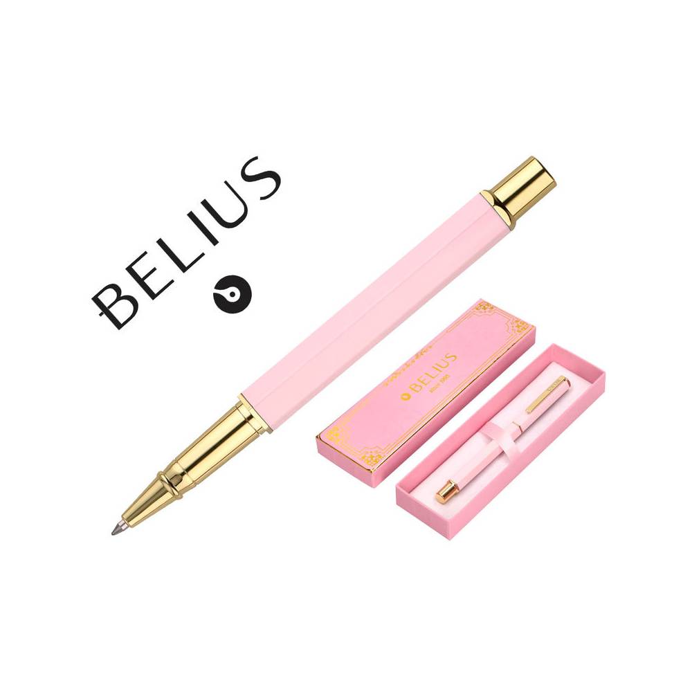 Boligrafo belius macaron bliss forma hexagonal color rosa y dorado tinta azul caja de diseño