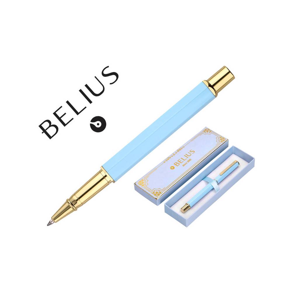 Boligrafo belius macaron bliss forma hexagonal color celeste y dorado tinta azul caja de diseño