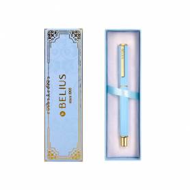 Boligrafo belius macaron bliss forma hexagonal color celeste y dorado tinta azul caja de diseño