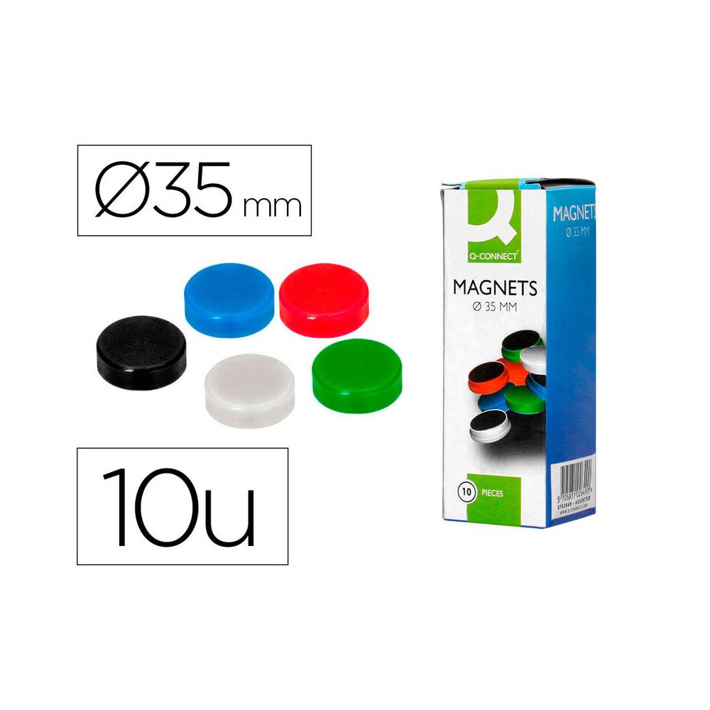 Iman para sujecion q-connect ideal para pizarras magneticas35 mm colores surtidos caja de 10 unidades