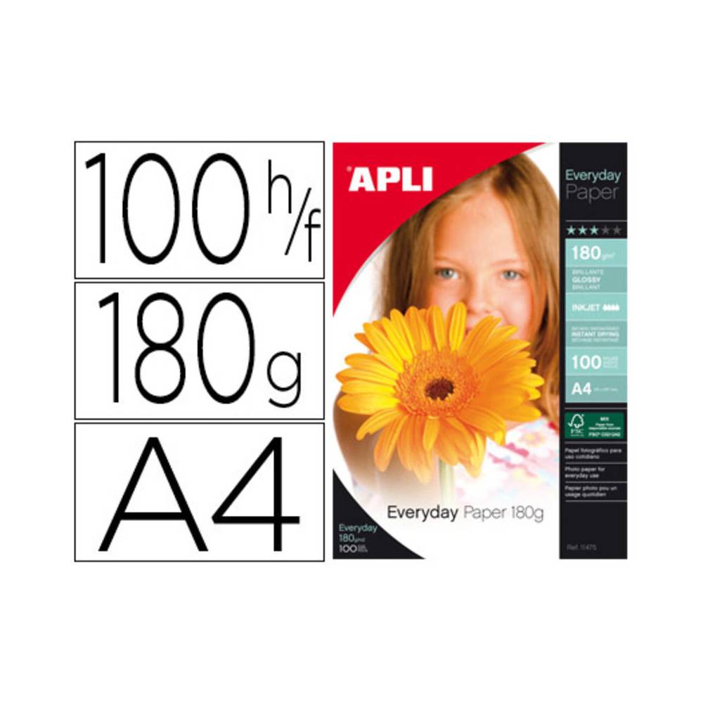 Papel fotografico apli glossy din a4 pack 100 hojas de 180 gr