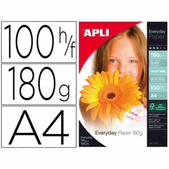 Papel fotografico apli glossy din a4 pack 100 hojas de 180 gr