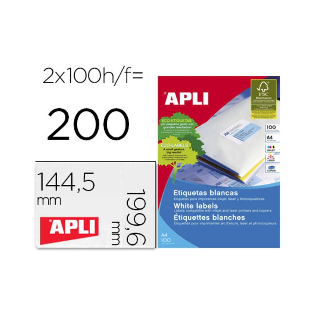 Etiqueta adhesiva apli 2423 tamaño 199,6x144,5 mm fotocopiadora laser ink-jet caja con 100 hojas din a4