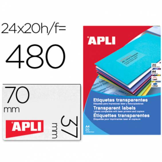 Etiqueta adhesiva apli 1224 transparentes tamaño 70x37 mm para fotocopiadora laser caja 20 hojas con 480 etiquetas