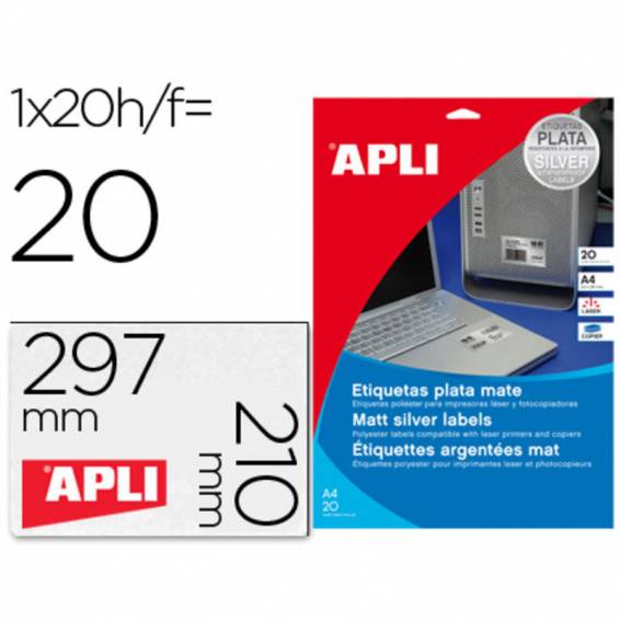 Etiqueta adhesiva apli 10071 metalizada tamaño 210x297 mm para fotocopiadora laser caja 20 hojas