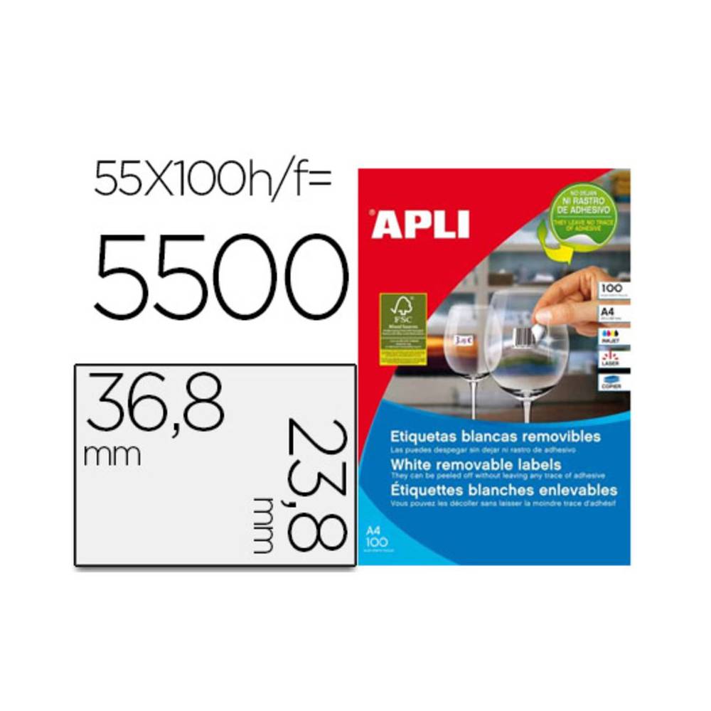 Etiqueta adhesiva apli 36,8x23,8 mm fotocopiadora laser inkjet caja 100 hojas din a4 con 5500 etiquetas