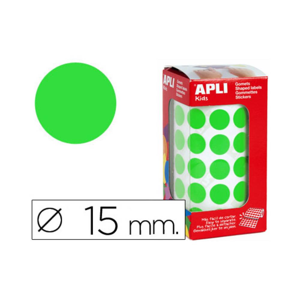 Gomets autoadhesivos circulares 15 mm verde en rollo con 2832 unidades