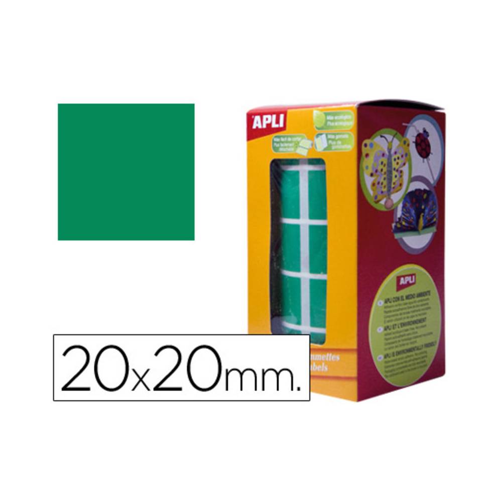 Gomets autoadhesivos cuadrados 20x20 mm verde rollo de 1770 unidades