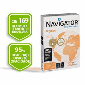 Papel fotocopiadora navigator din a4 80 gramos 4 taladros papel multiuso ink-jet y laser paquete de 500 hojas