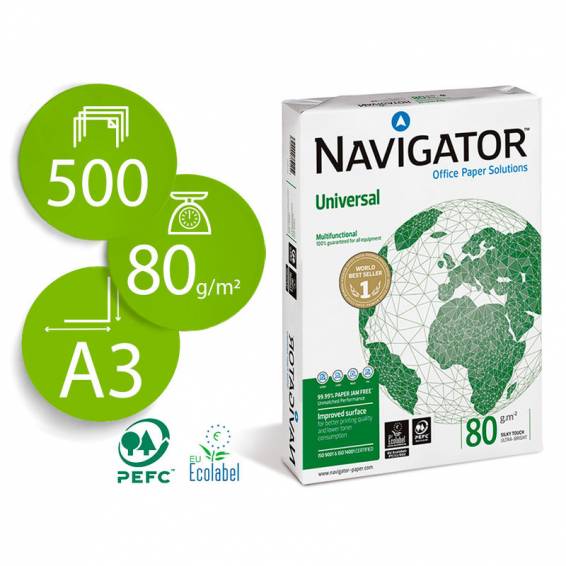 Papel fotocopiadora navigator din a3 80 gramos papel multiuso ink-jet y laser paquete de 500 hojas