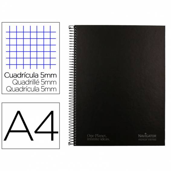 Cuaderno espiral navigator a4 micro tapa forrada 120h 80gr cuadro 5mm 5 bandas 4 taladros color negro