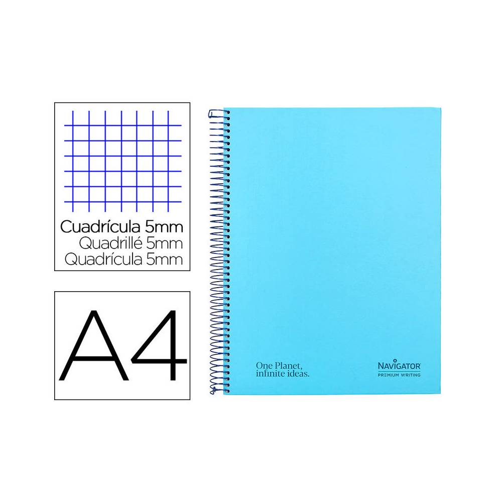 Cuaderno espiral navigator a4 micro tapa forrada 120h 80gr cuadro 5mm 5 bandas 4 taladros color celeste