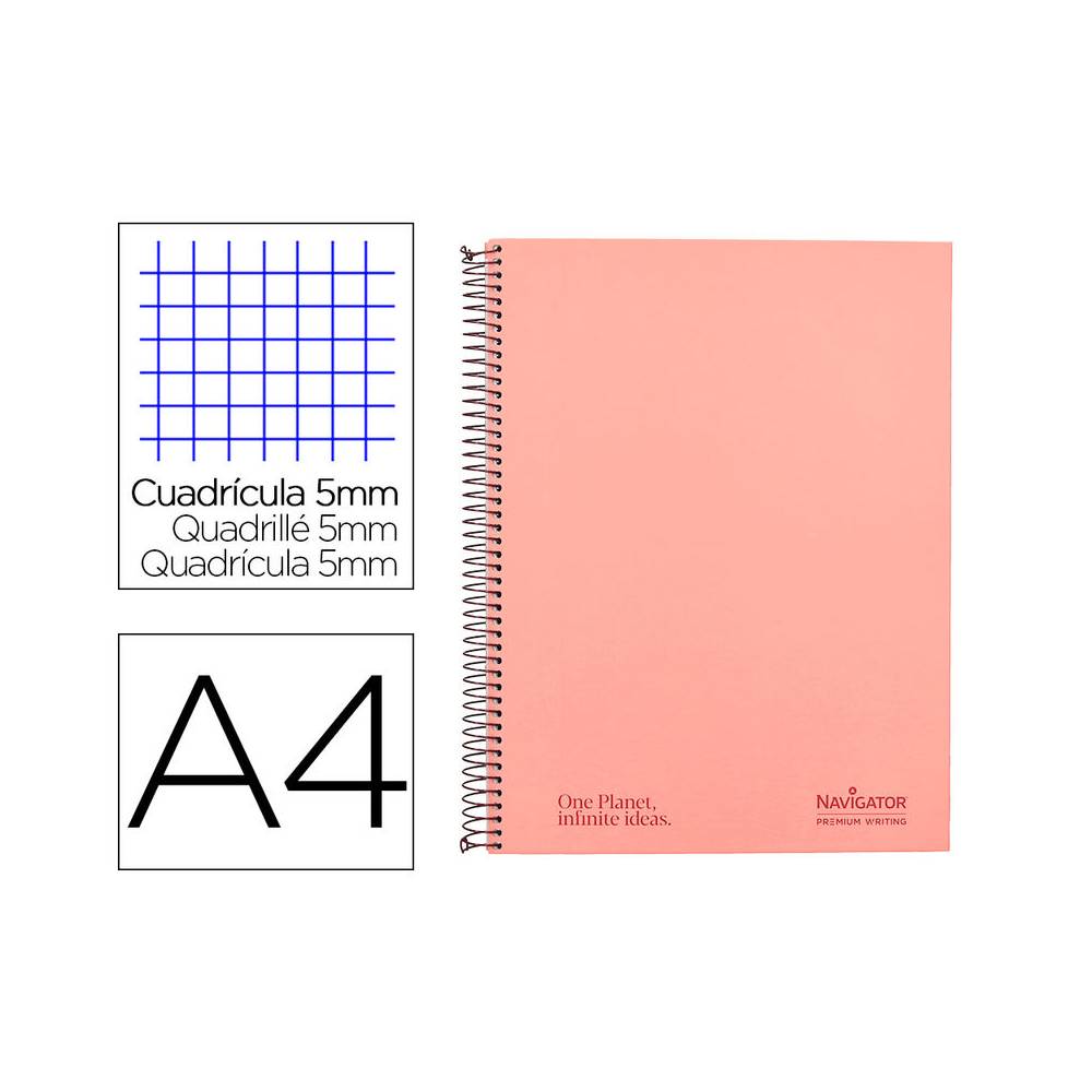 Cuaderno espiral navigator a4 micro tapa forrada 120h 80gr cuadro 5mm 5 bandas 4 taladros color rosa