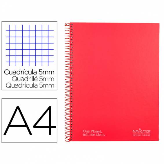 Cuaderno espiral navigator a4 micro tapa forrada 120h 80gr cuadro 5mm 5 bandas 4 taladros color rojo