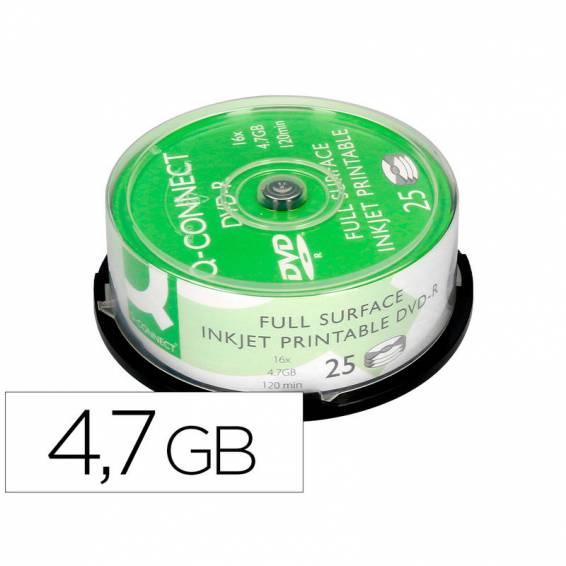 Dvd-r q-connect con superficie 100% imprimible para inkjet capacidad 4,7gb duracion 120mivelocidad 16x bote de 25 unid