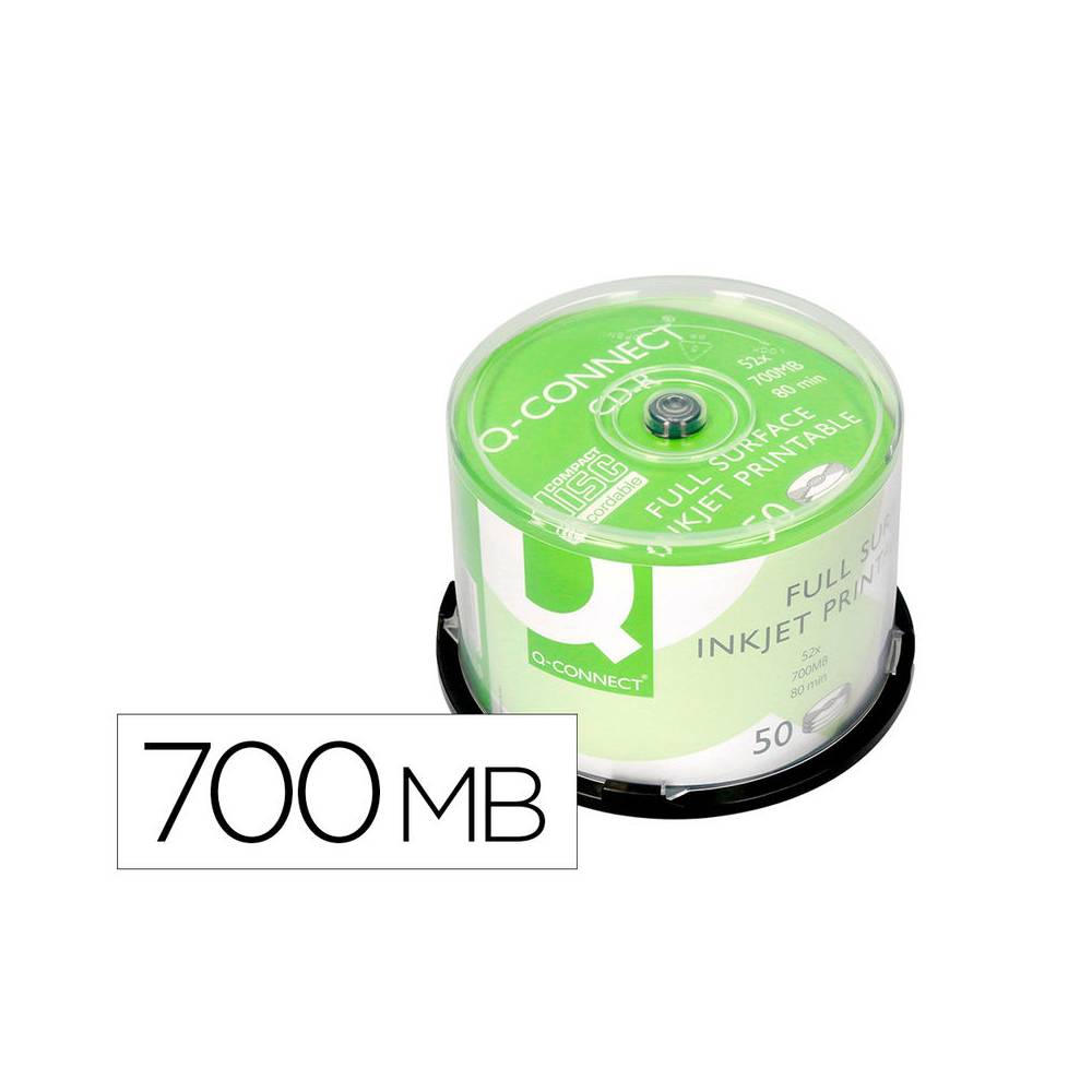 Cd-r q-connect con superficie 100% imprimible para inkjet capacidad 700mb duracion 80minvelocidad 52x bote de 50 unid