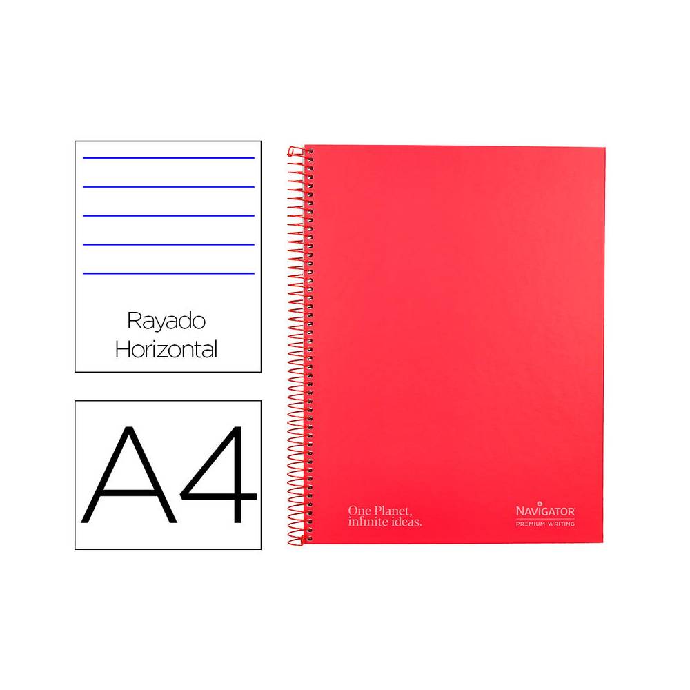 Cuaderno espiral navigator a4 micro tapa forrada 80h 80gr horizontal 1 banda color rojo