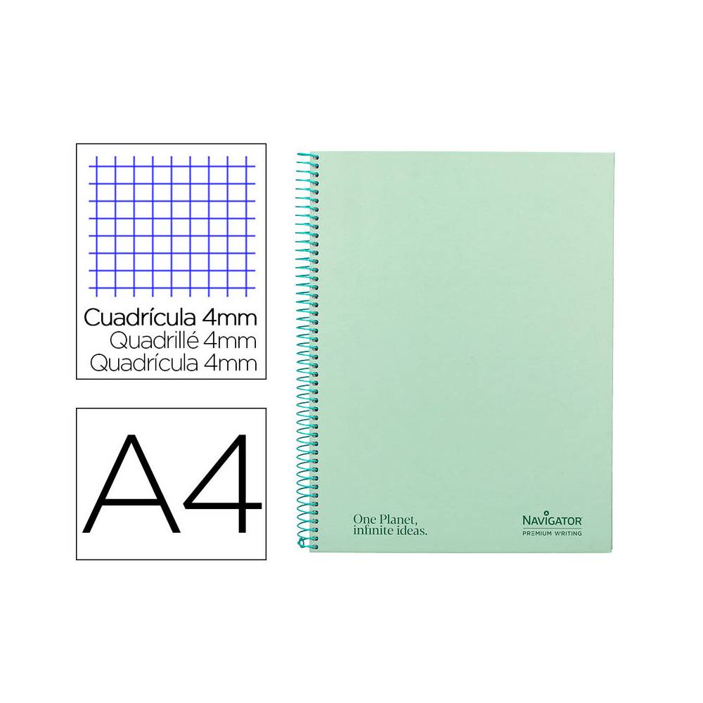 Cuaderno espiral navigator a4 tapa dura 80h 80gr cuadro 4mm con margen menta