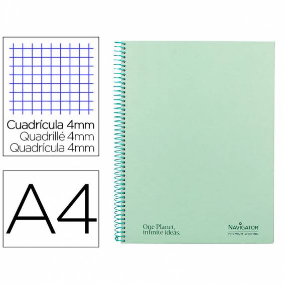 Cuaderno espiral navigator a4 tapa dura 80h 80gr cuadro 4mm con margen menta