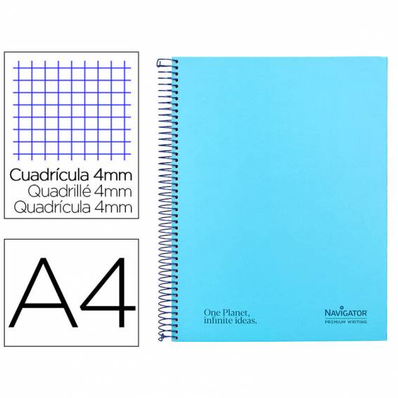 Cuaderno espiral navigator a4 tapa dura 80h 80gr cuadro 4mm con margen azul claro