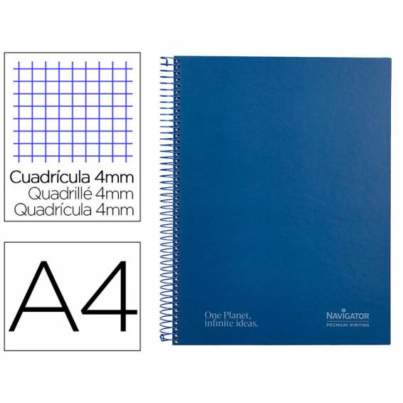 Cuaderno espiral navigator a4 tapa dura 80h 80gr cuadro 4mm con margen azul marino