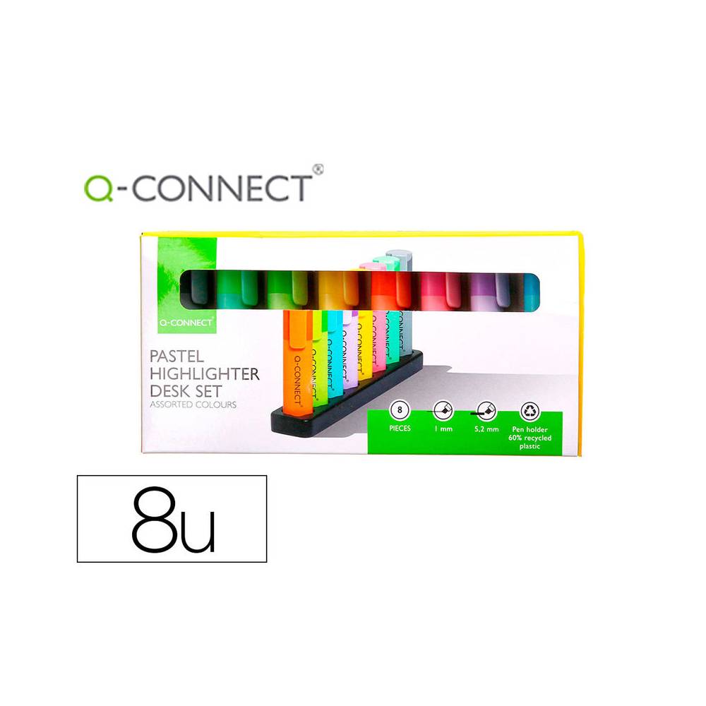 Rotulador q-connect fluorescente pastel punta biselada estuche de sobremesa 8 colores surtidos