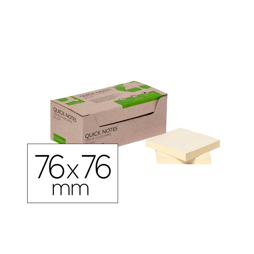 Bloc de notas adhesivas quita y pon q-connect 76x76 mm 100% papel reciclado amarillo en caja de carton